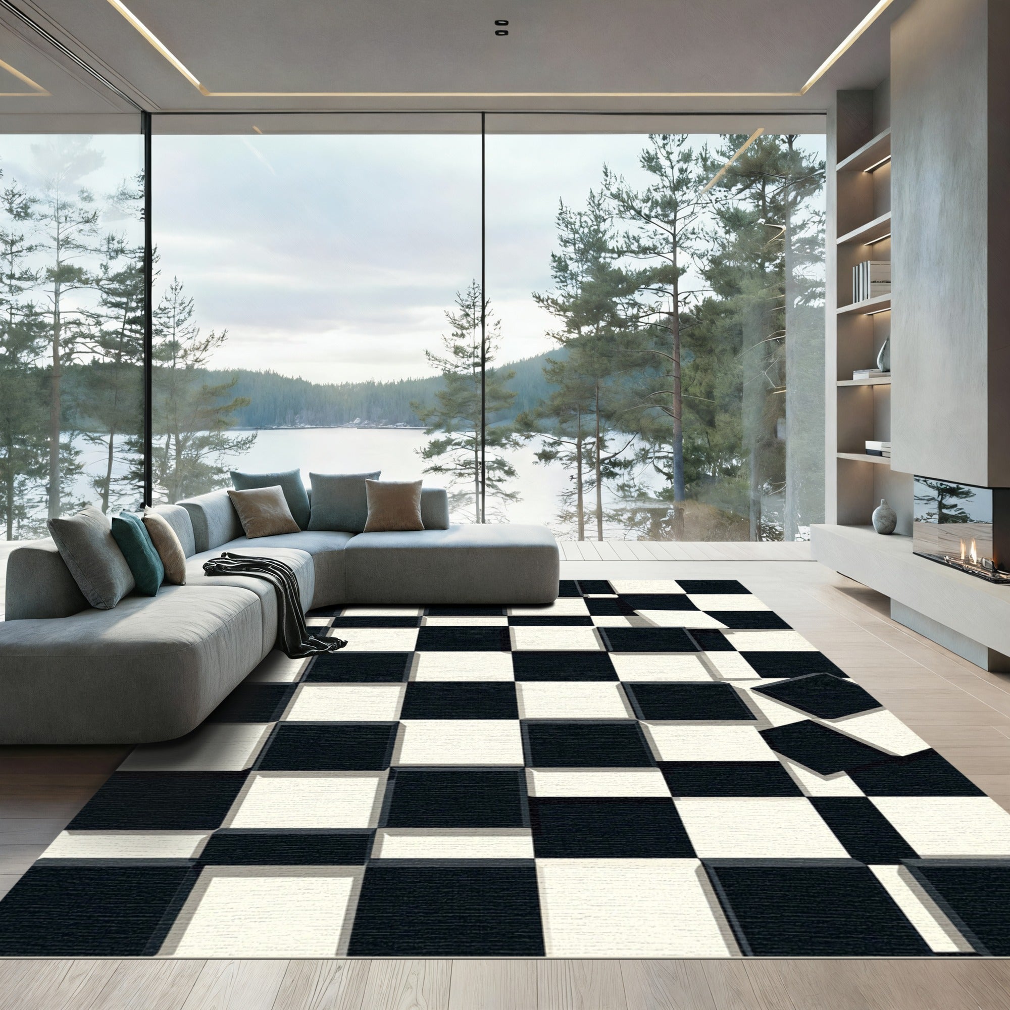 Monochrome Geometric Checkerboard 3D Illusion Rug