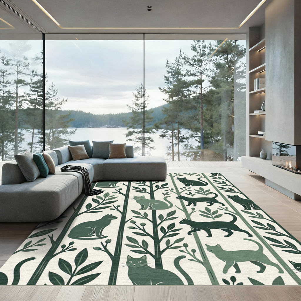 Deep Forest Feline Tree Scene Rug