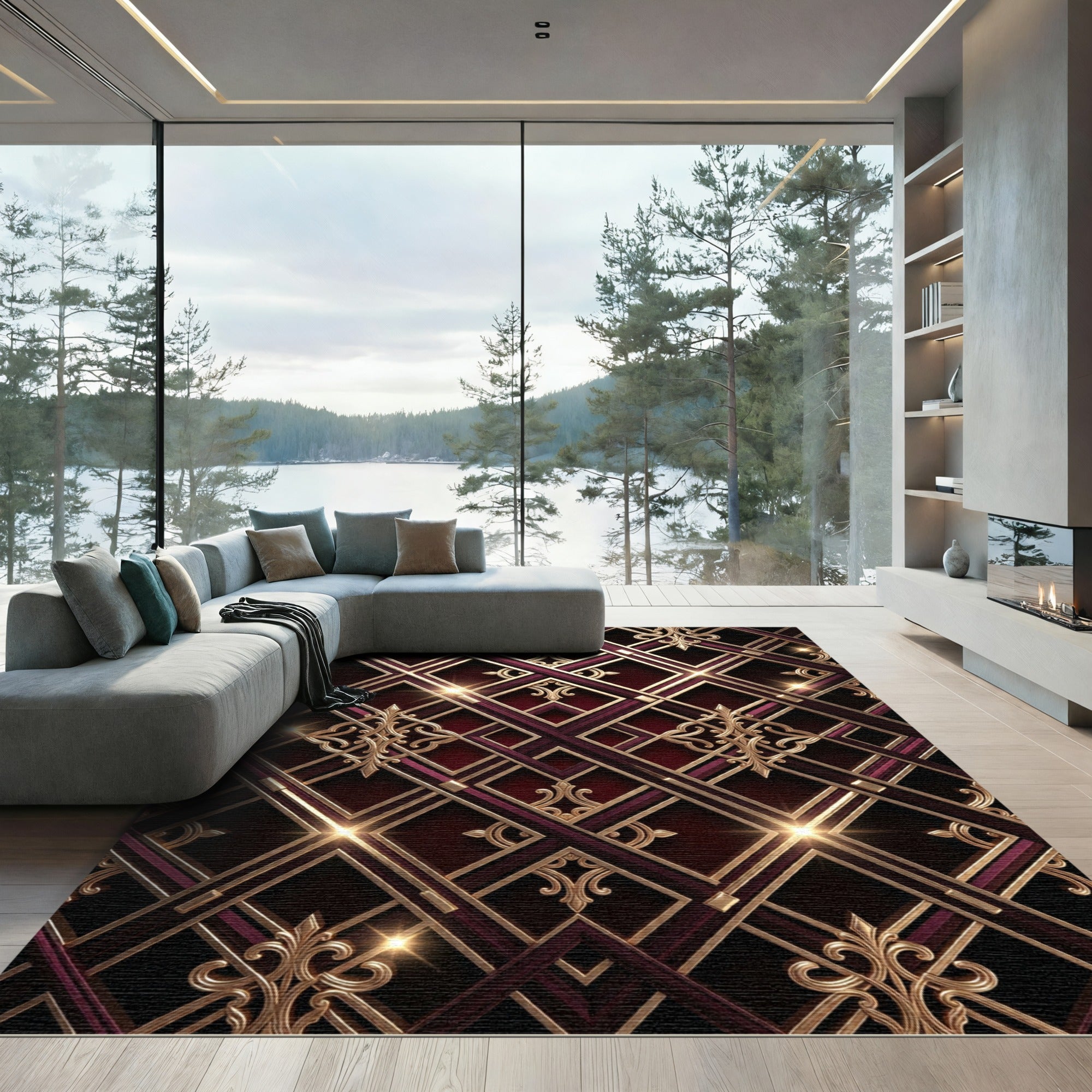 Art Deco Maroon Gold Geometric Lattice Rug