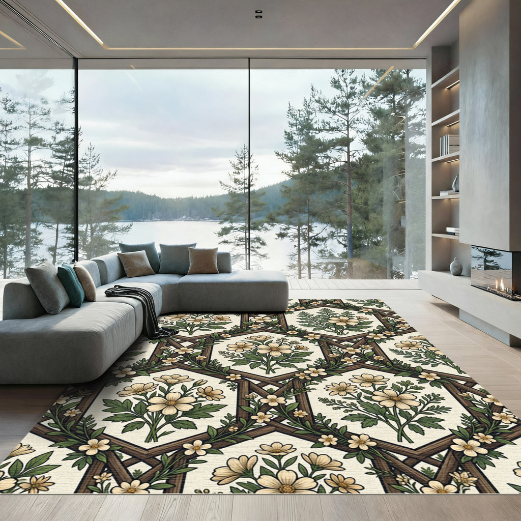 Vintage Cream Floral Hexagon Trellis Rug