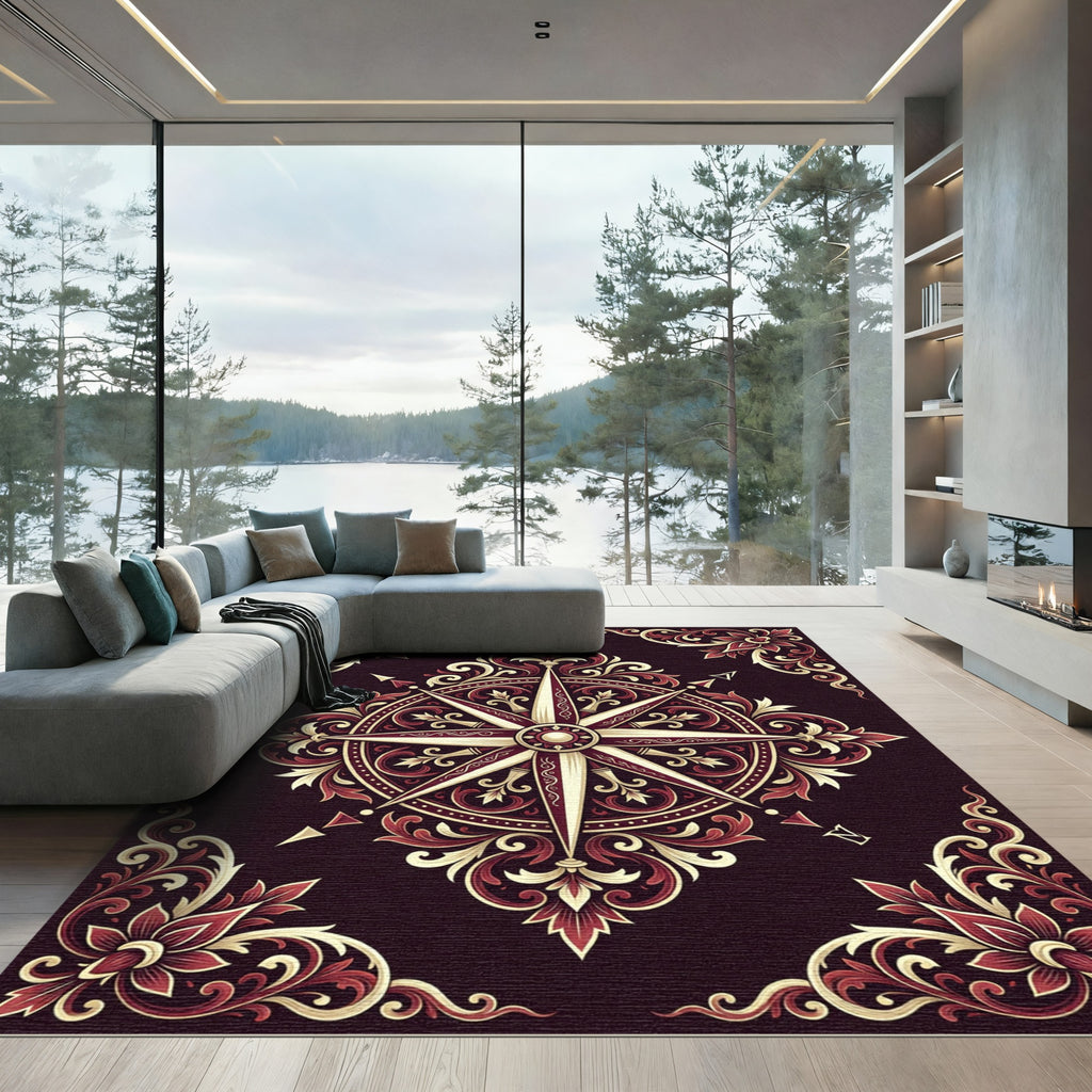 Crimson Gold Ornate Compass Rose Medallion Rug