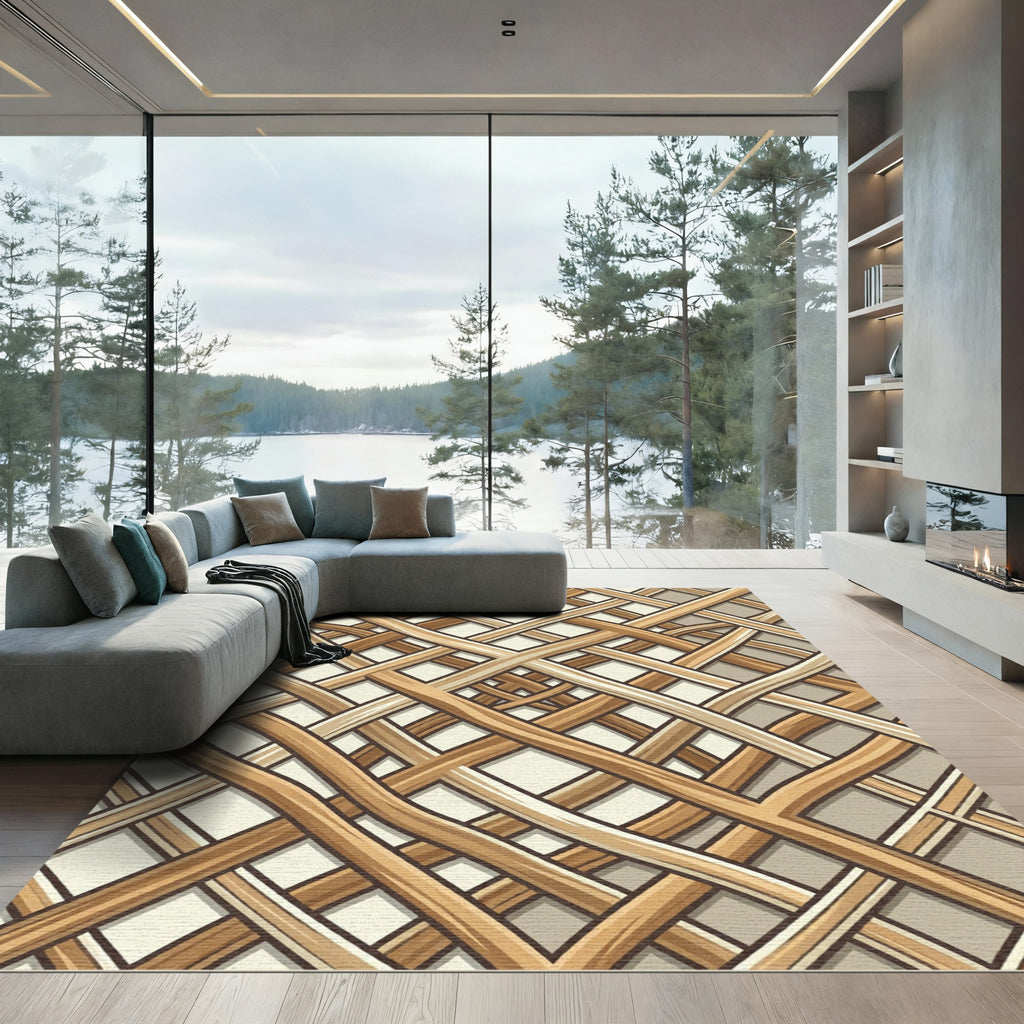 Woven Light Brown Interlocking Lattice Rug