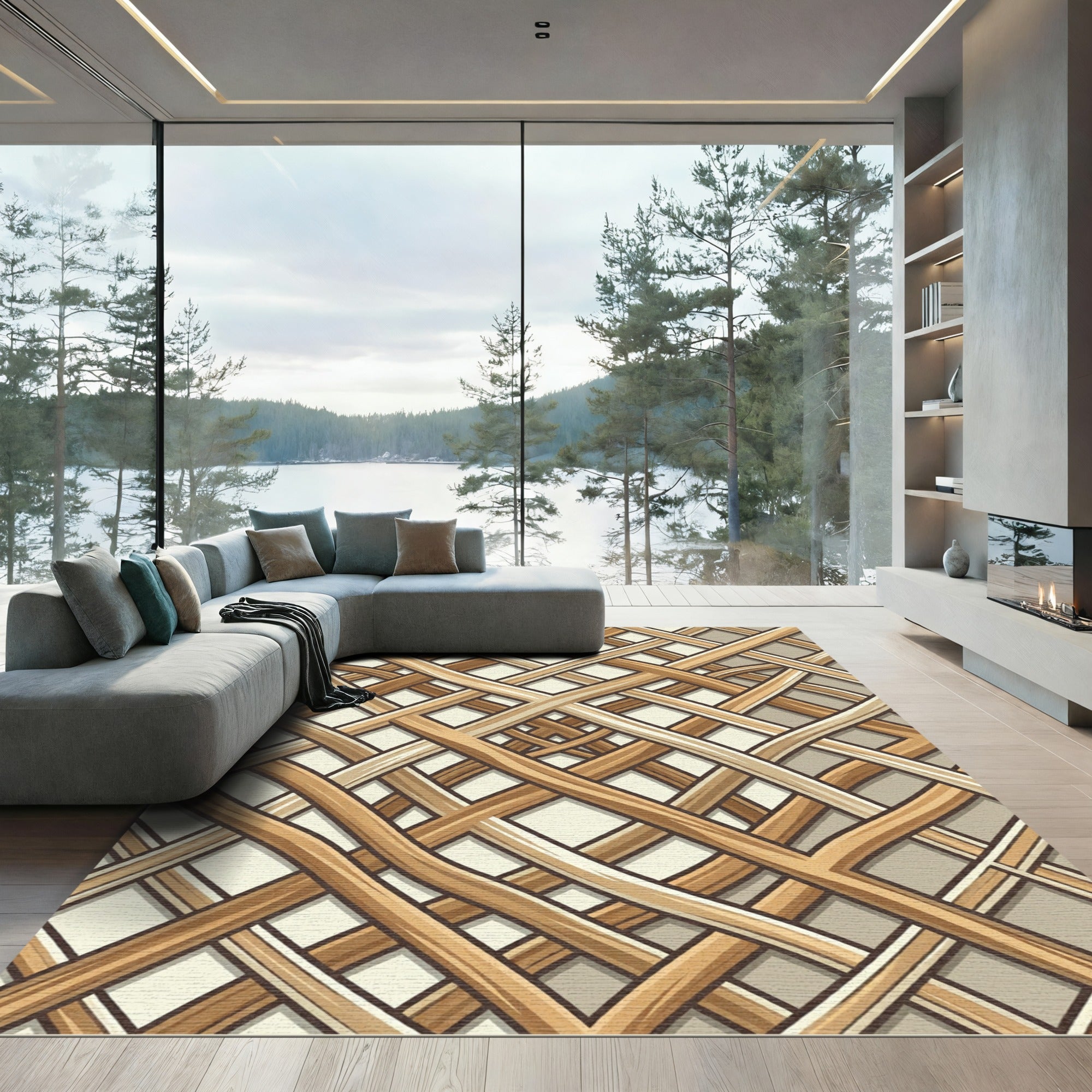 Woven Light Brown Interlocking Lattice Rug