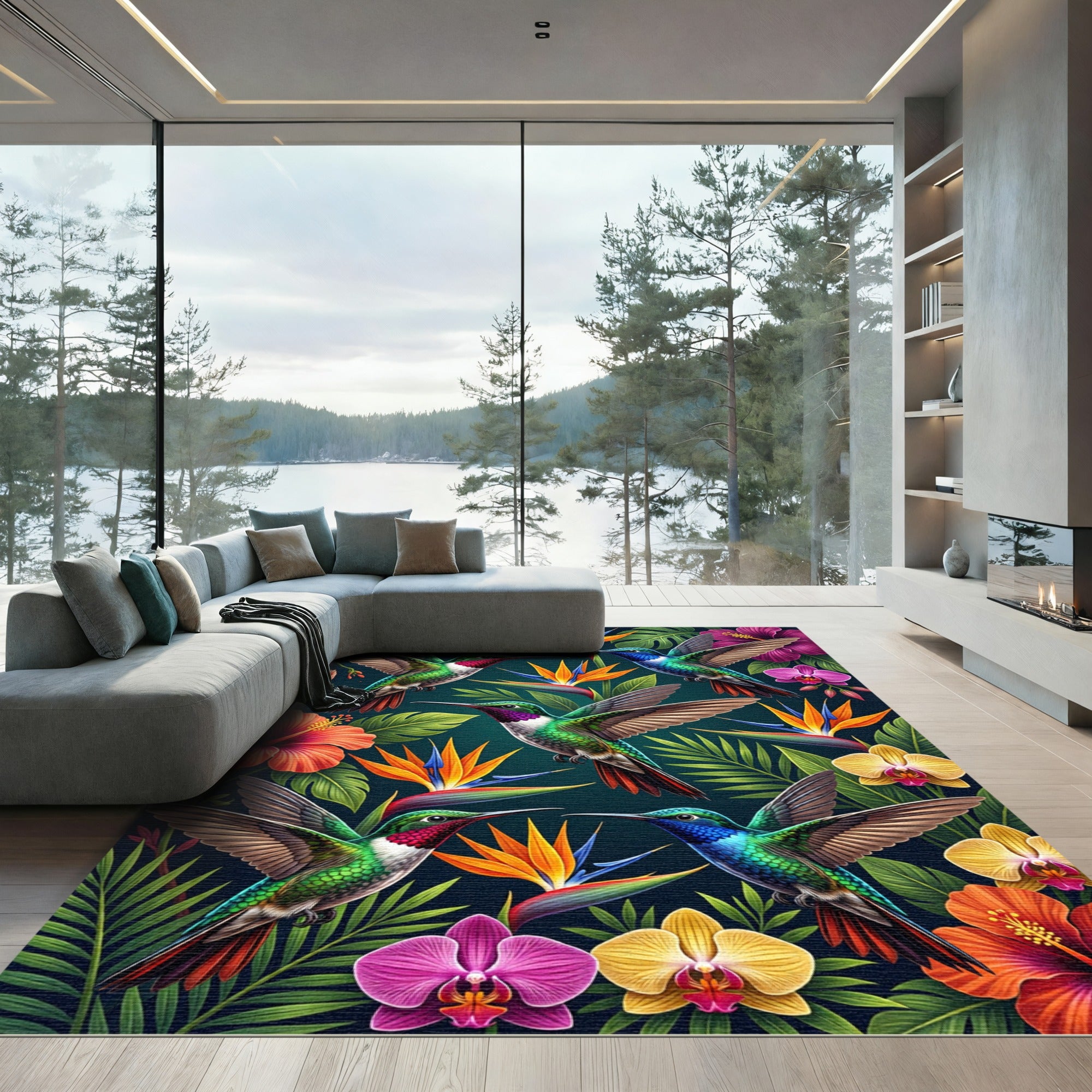 Tropical Hummingbird Exotic Jungle Floral Rug