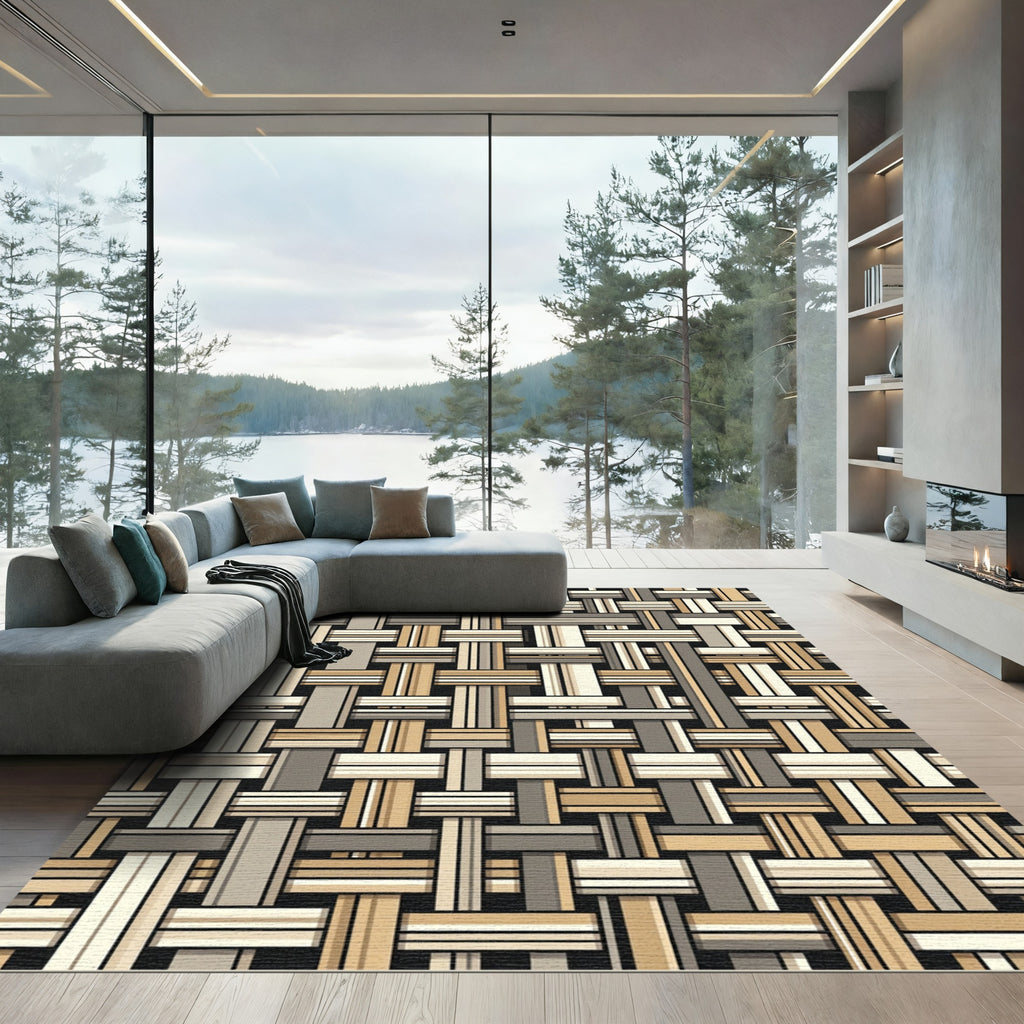 Neutral Earth Tone Woven Grid Rug