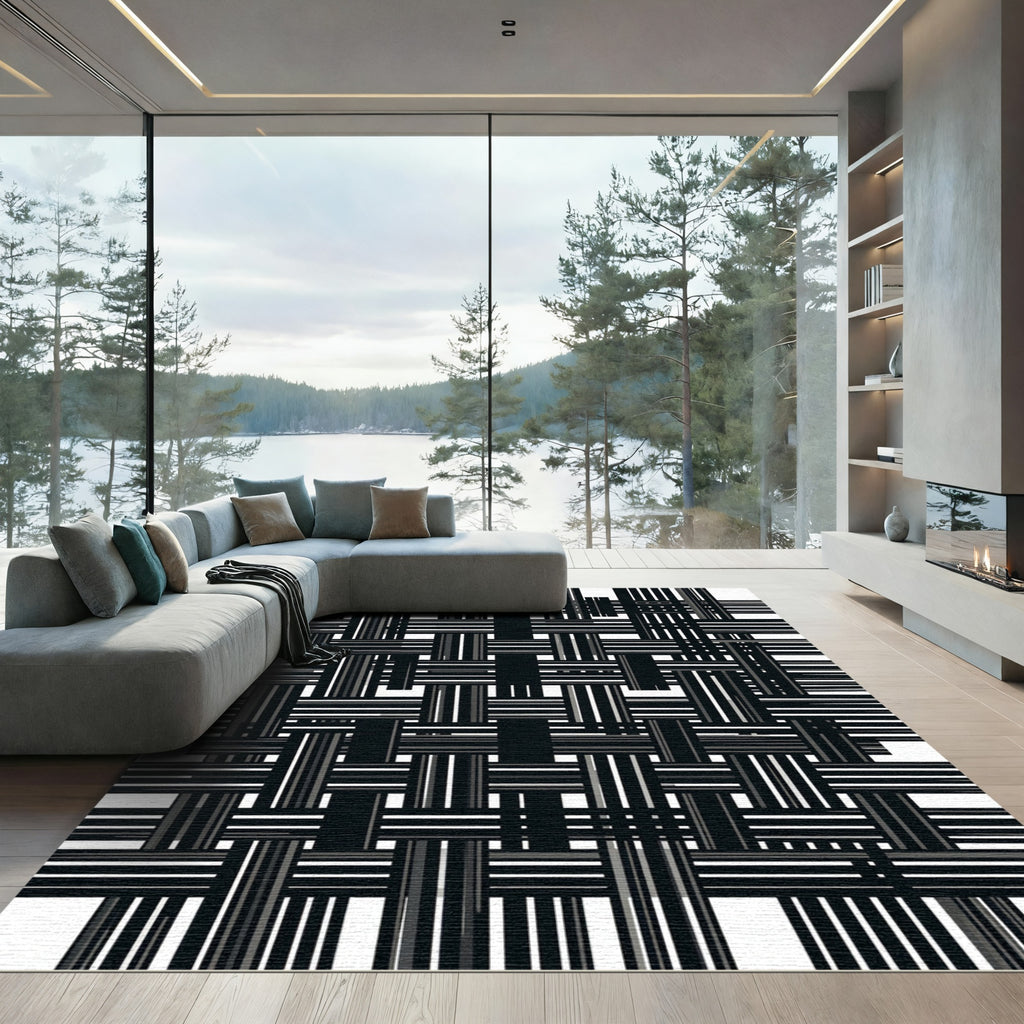 Monochromatic Interwoven Stripe Grid Rug