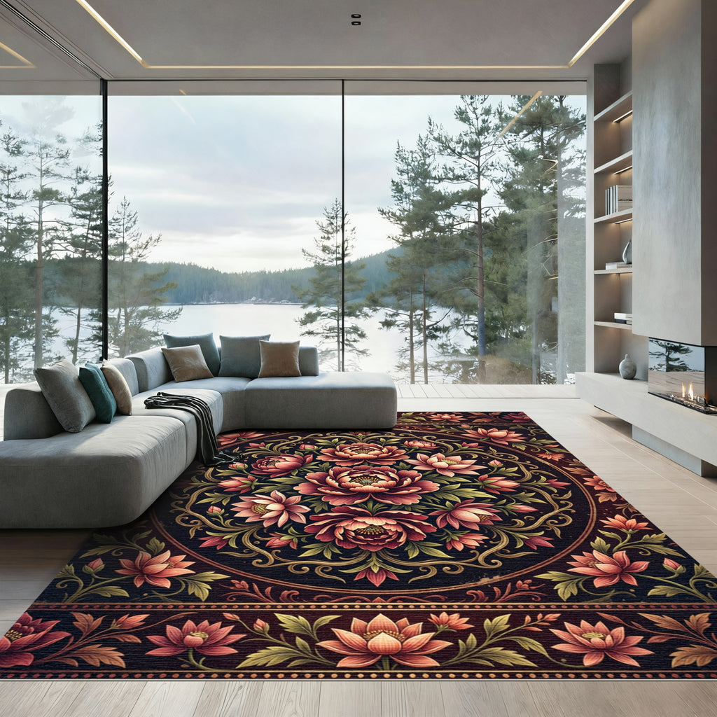 Ornate Crimson Lotus Floral Medallion Rug