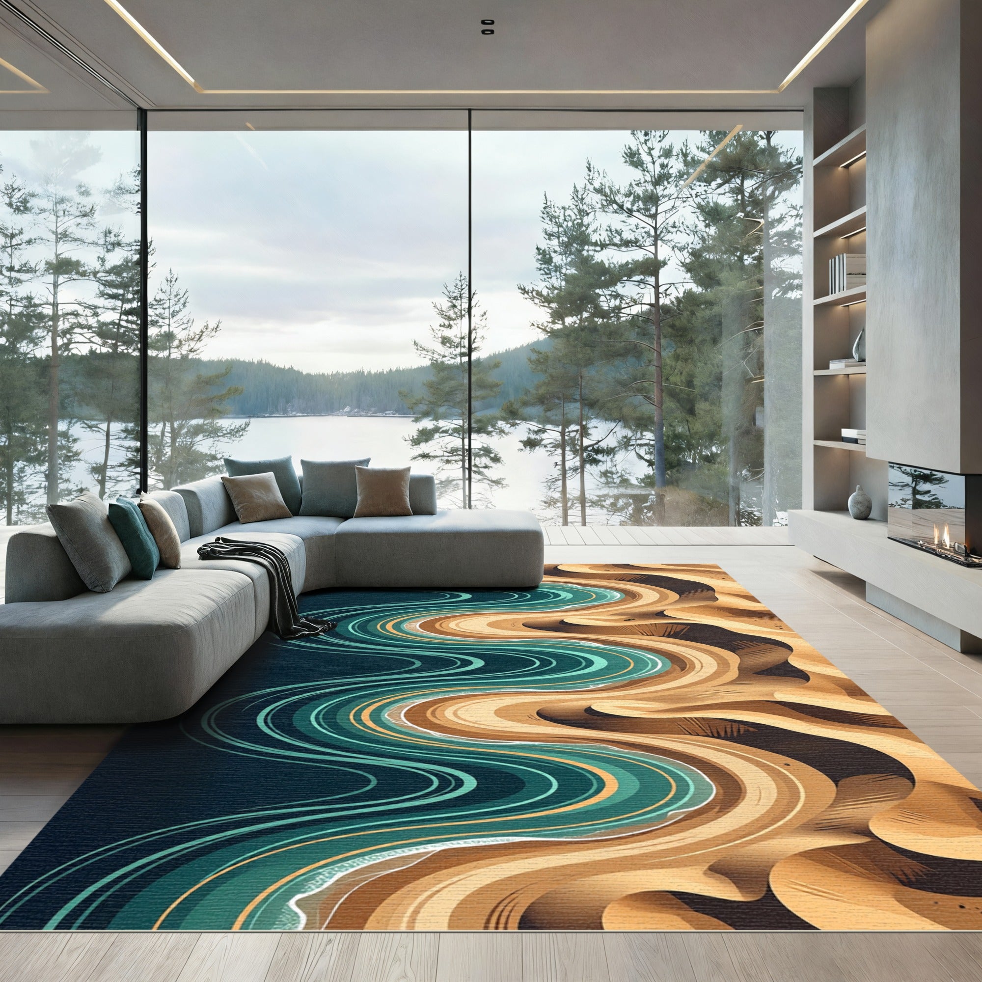 Teal Waves Sand Dune Landscape Rug
