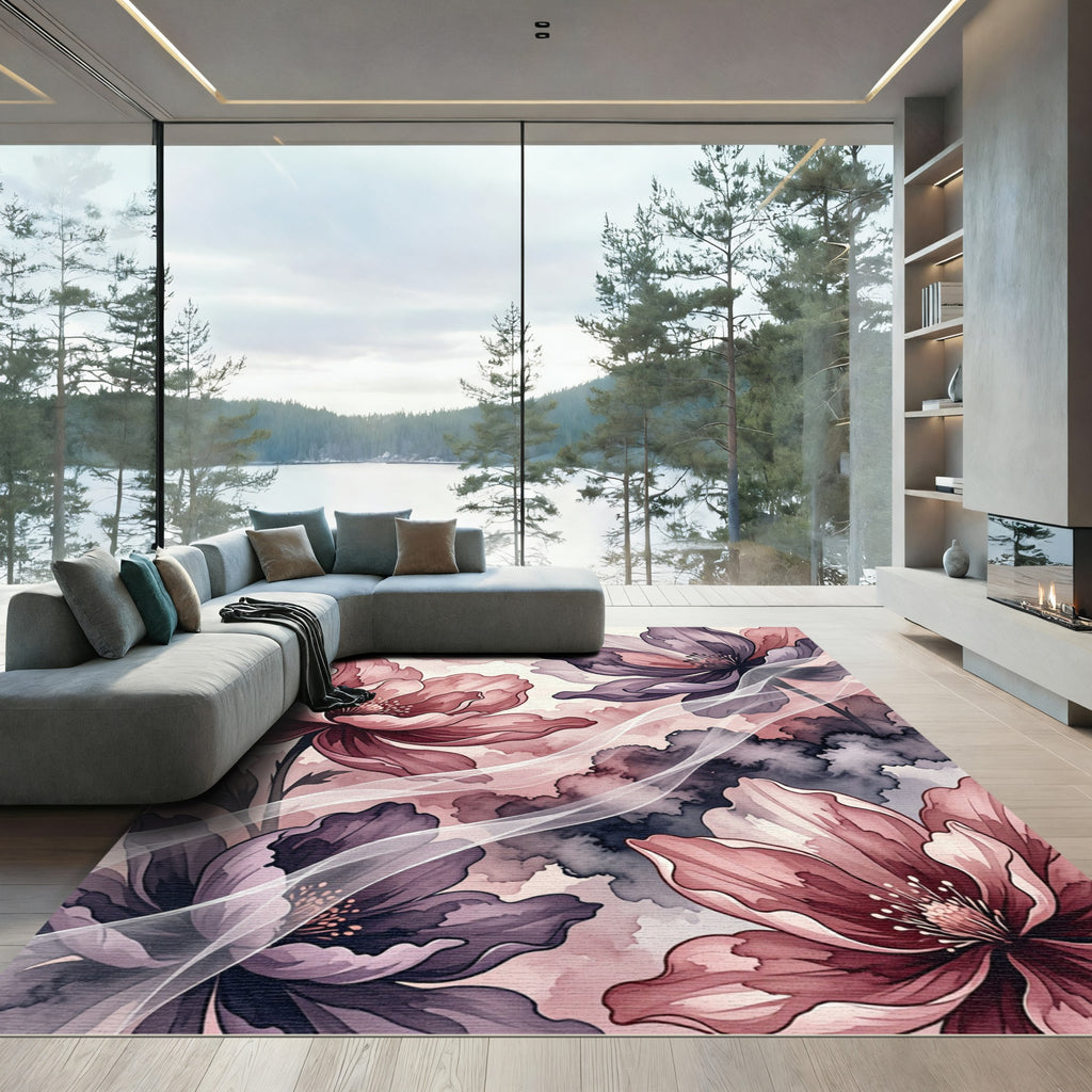 Romantic Plum Pink Peony Swirl Rug