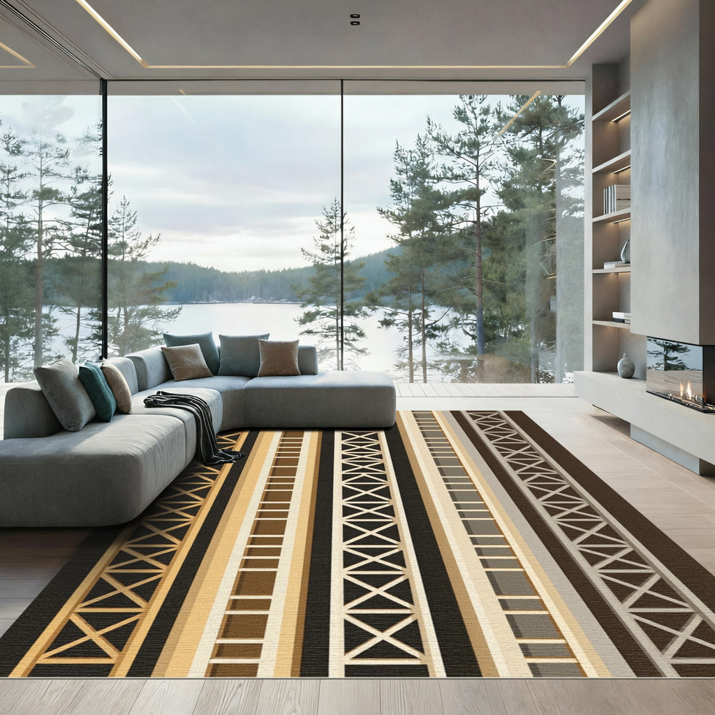 Neutral Architectural Lattice Grid Striped Rug