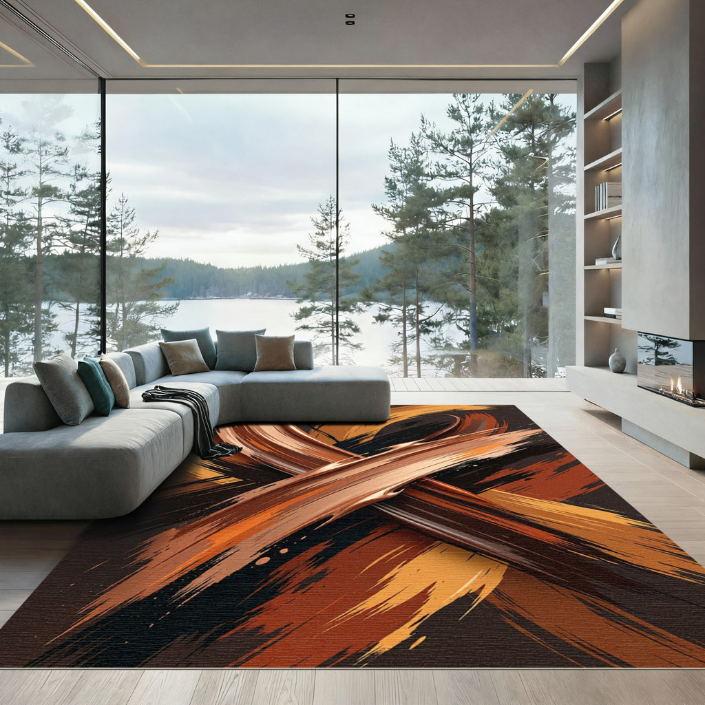 Earthy Bronze Abstract Cross Brushstroke Rug