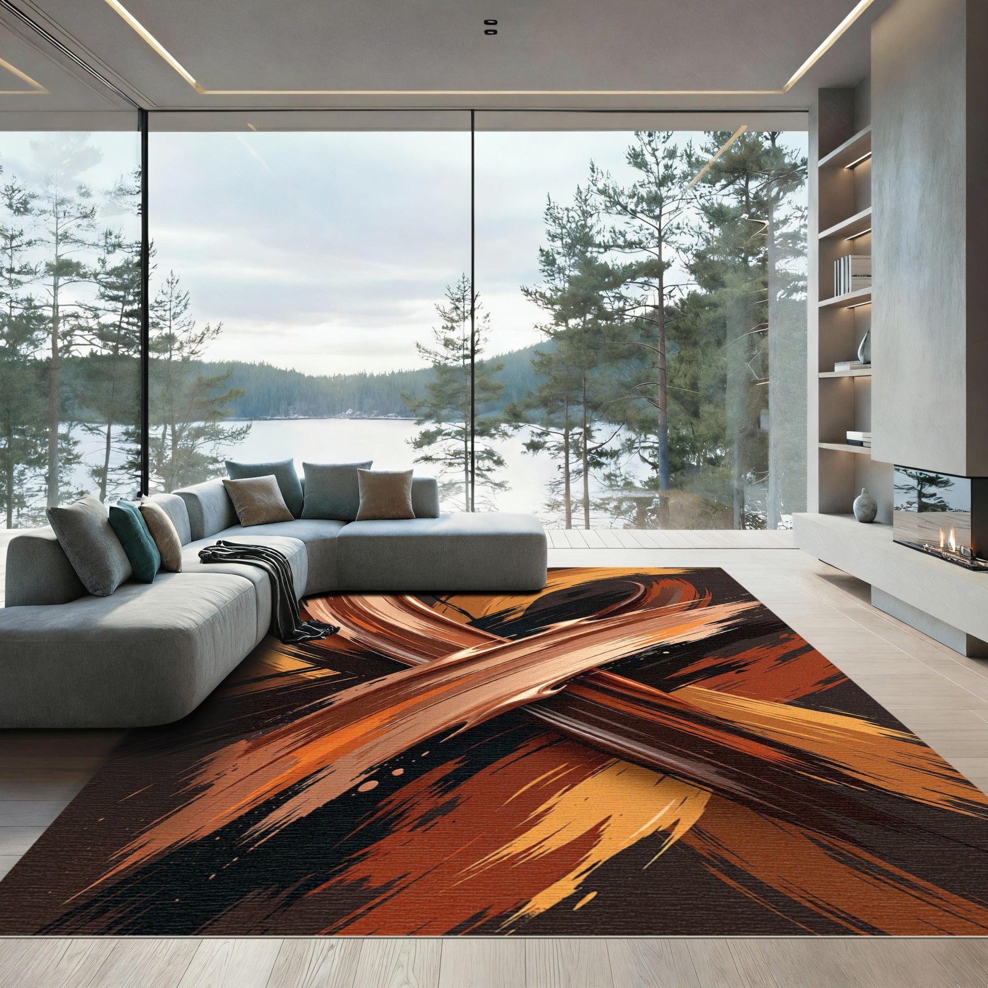Earthy Bronze Abstract Cross Brushstroke Rug