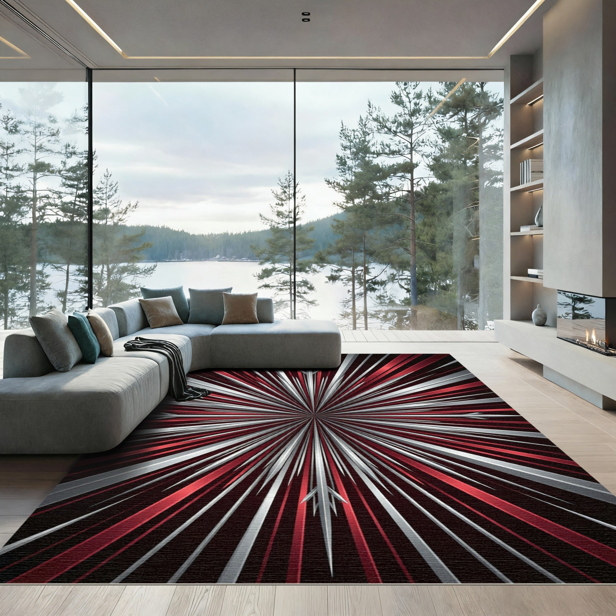 Red Silver Radial Burst Rug