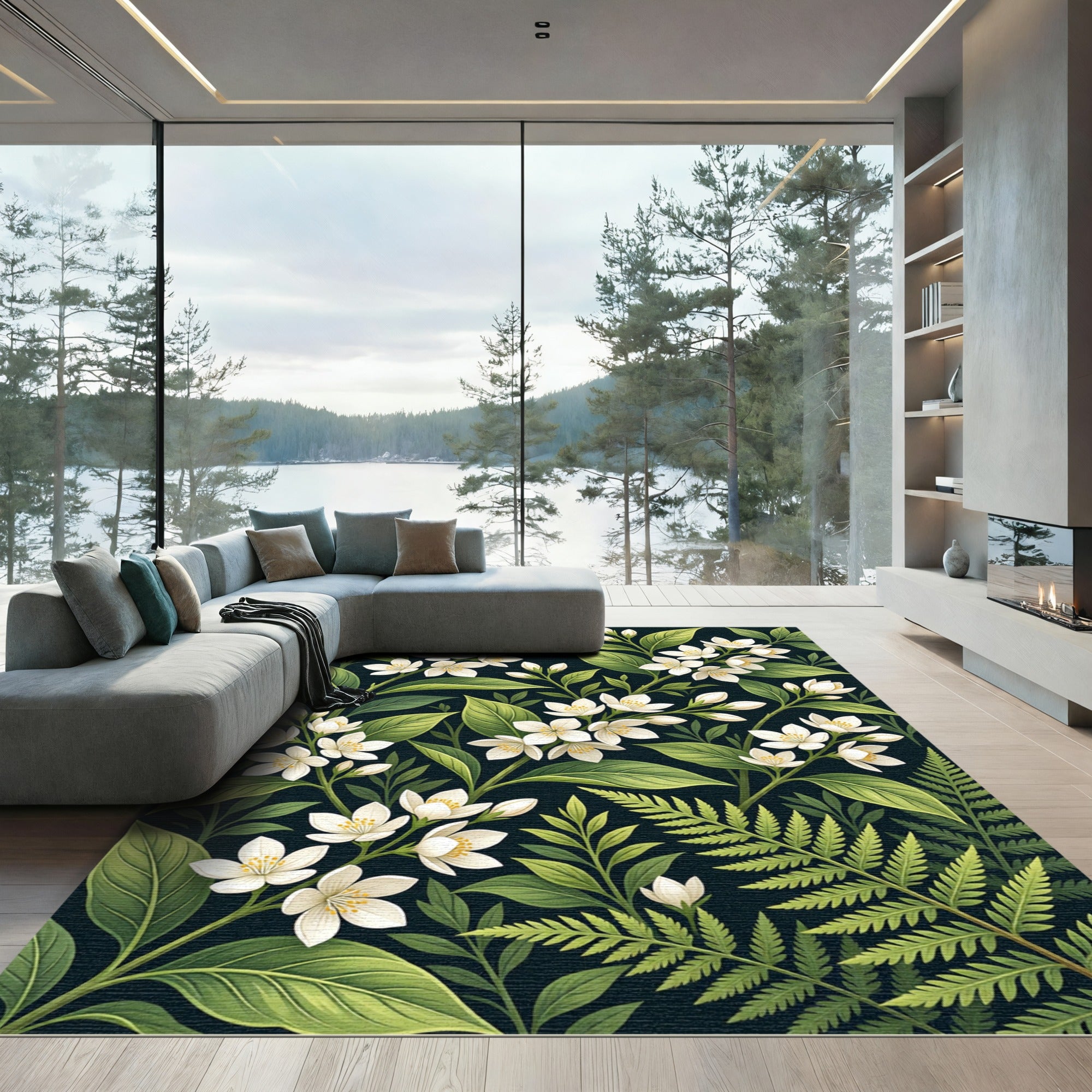 Lush White Blossom And Fern Pattern Rug