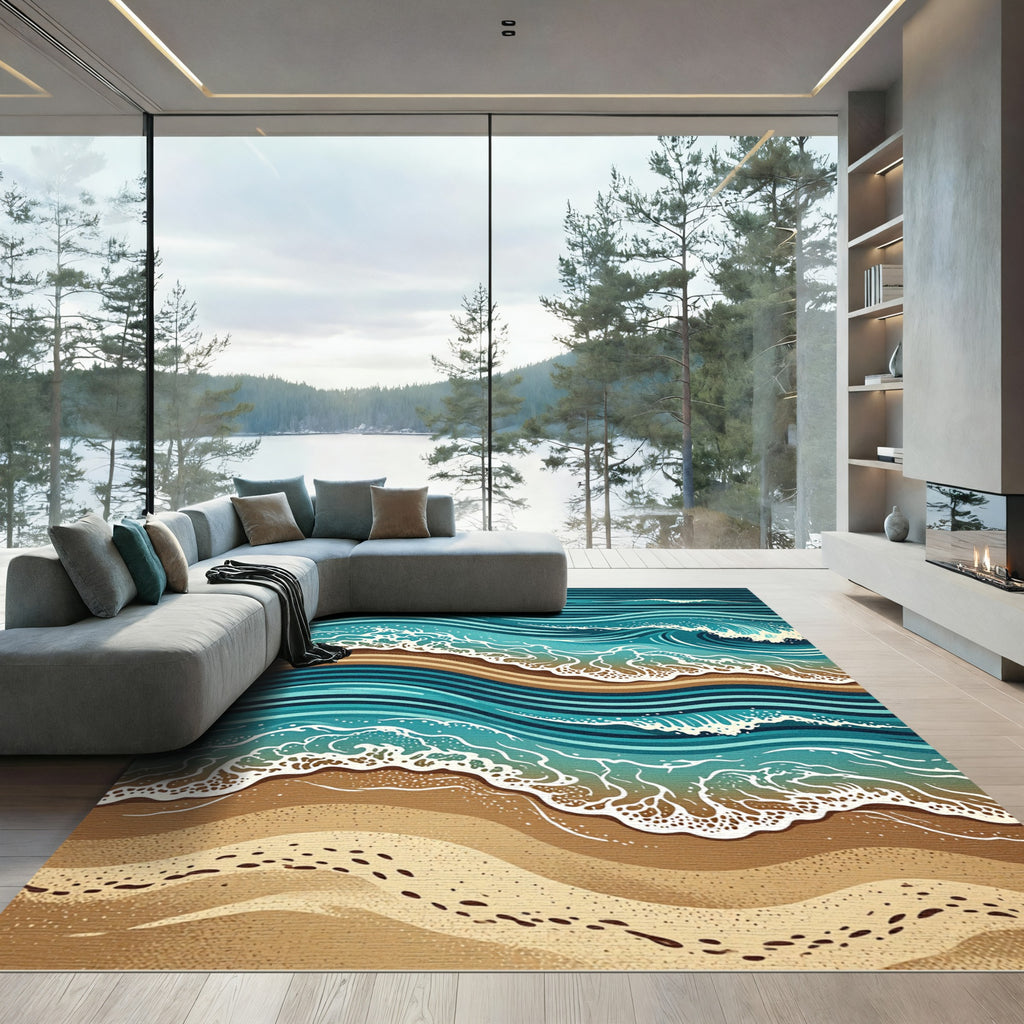 Abstract Blue Coastal Wave Ocean Artwork Rug