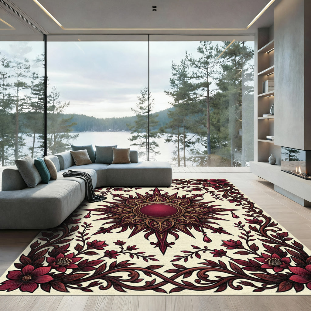 Ornate Crimson Floral Sun Medallion Rug