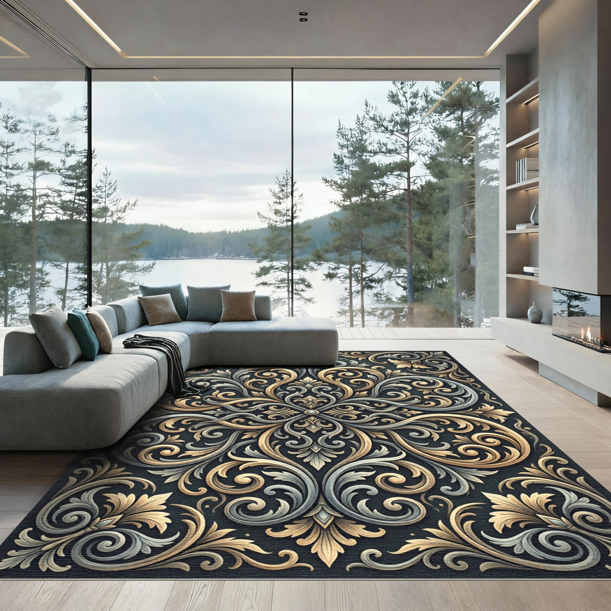 Ornate Gold Silver Scrollwork Rug