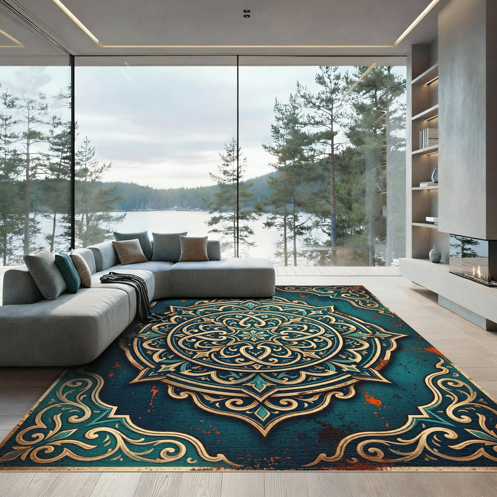 Ornate Teal Gold Medallion Mandala Rug