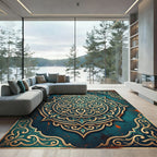Ornate Teal Gold Medallion Mandala Rug
