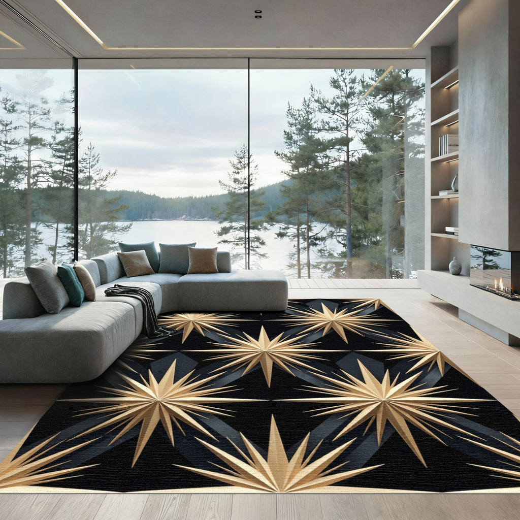 Elegant Gold Geometric Celestial Star Rug