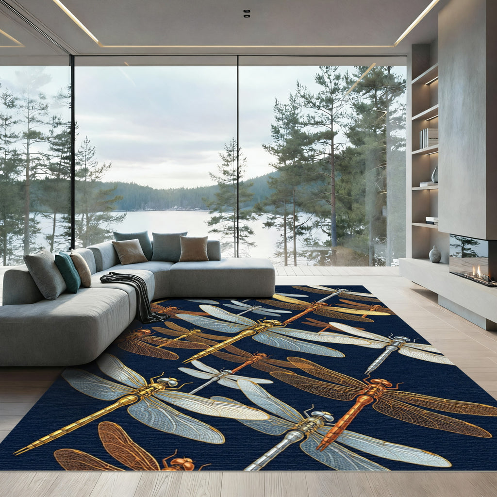 Metallic Golden Dragonfly Navy Art Rug