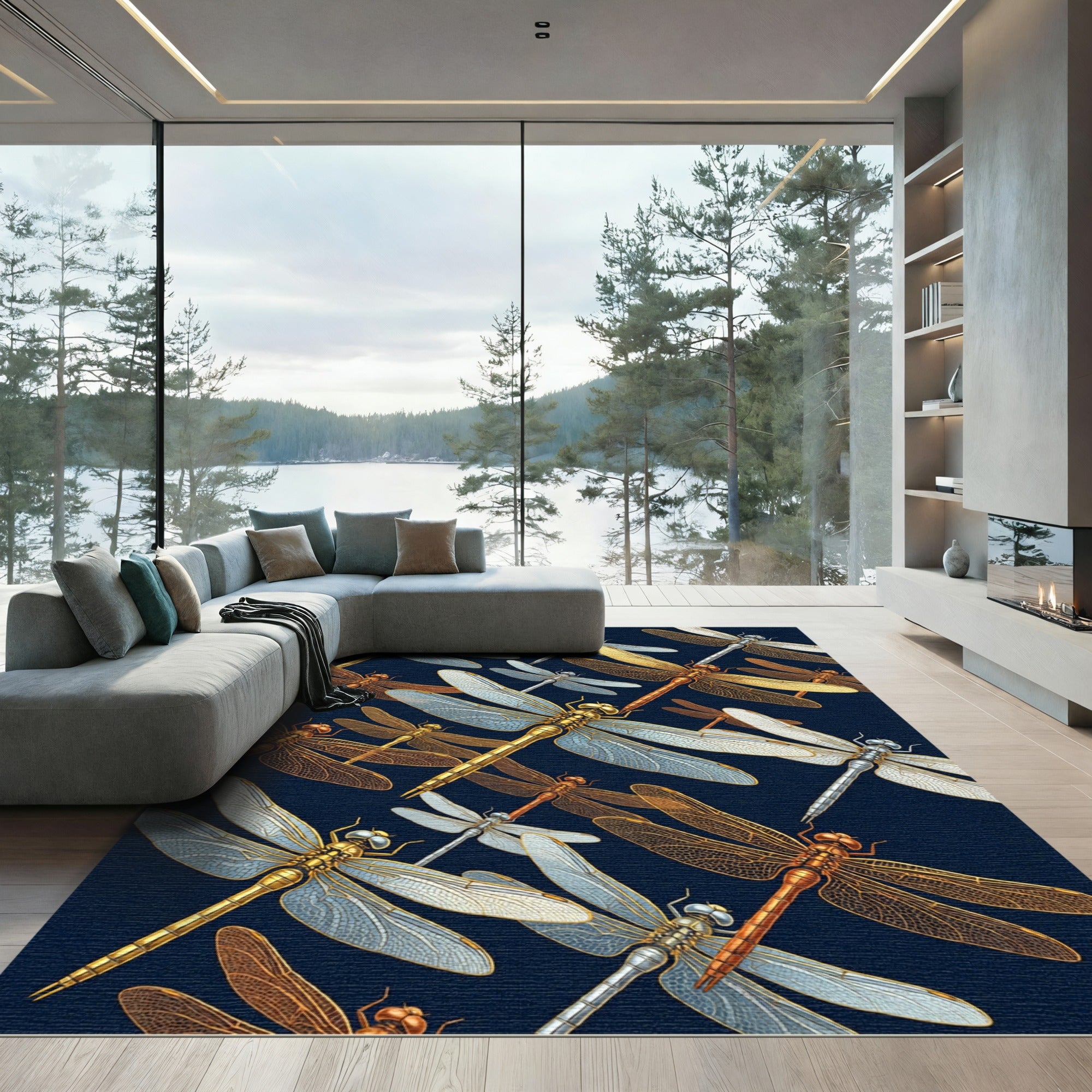 Metallic Golden Dragonfly Navy Art Rug