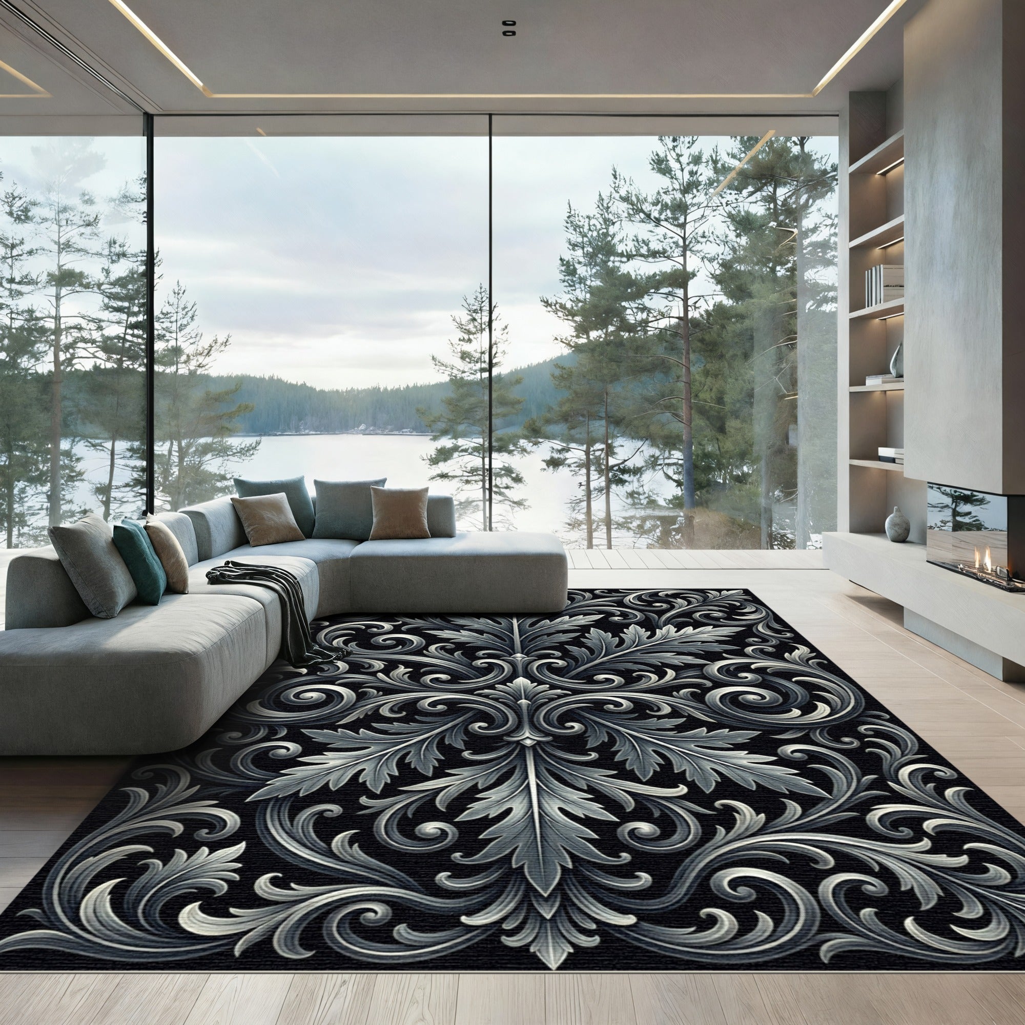 Ornate Silver Acanthus Scroll Rug