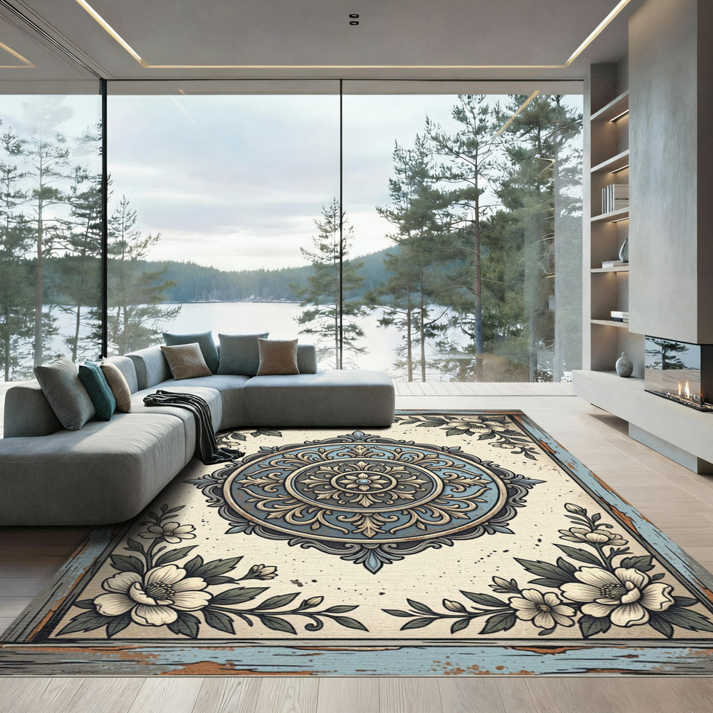 Classic Blue Floral Medallion Border Rug