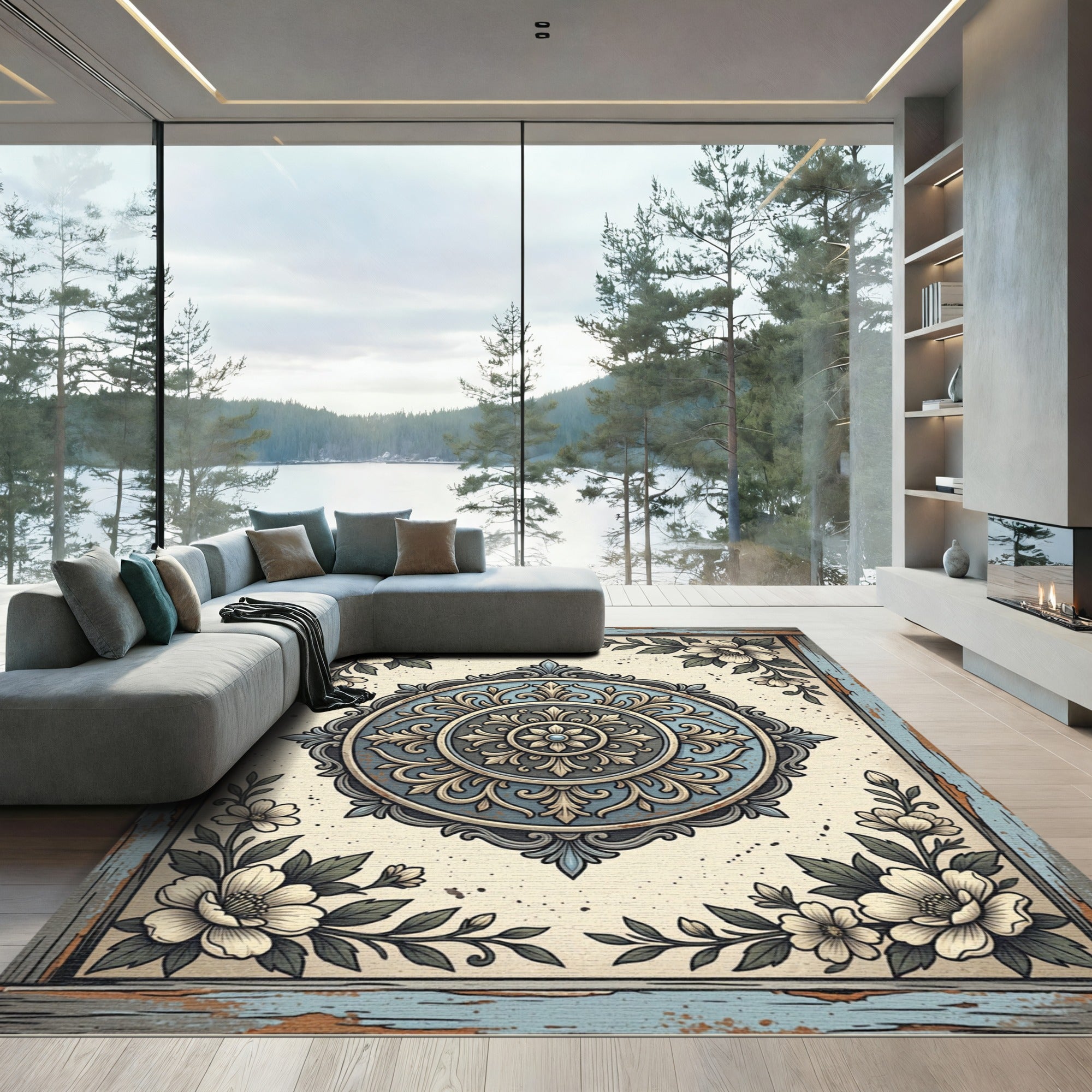 Classic Blue Floral Medallion Border Rug
