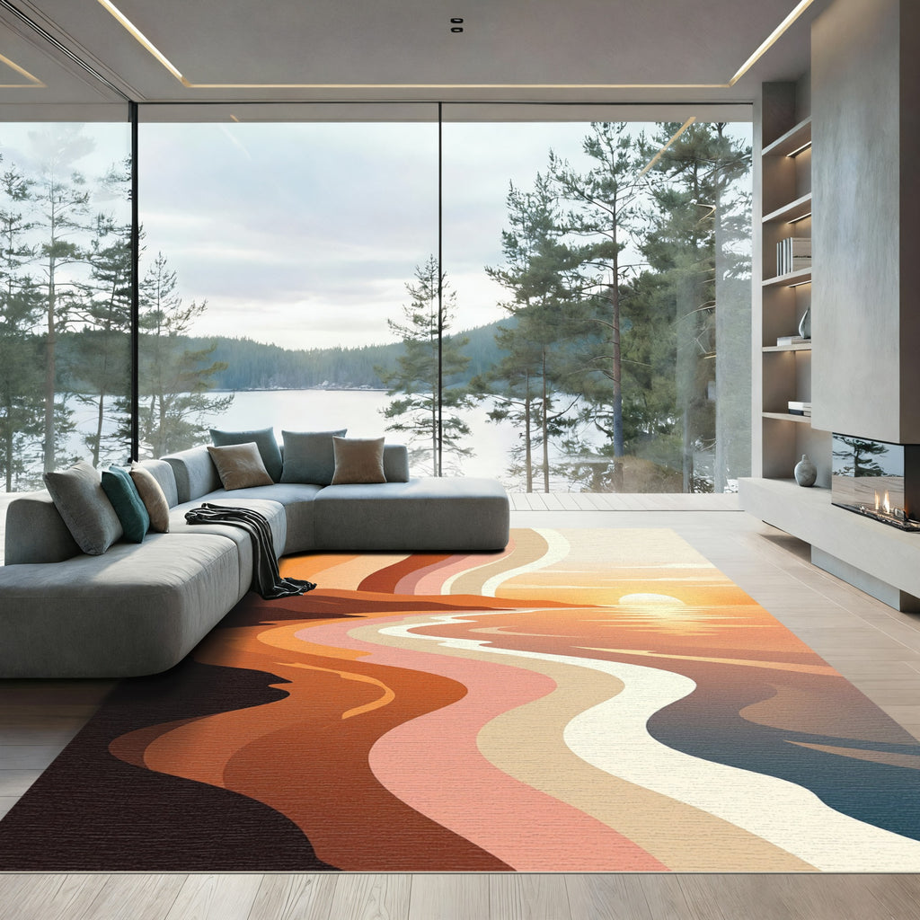 Retro Sunset Wave Rainbow Rug