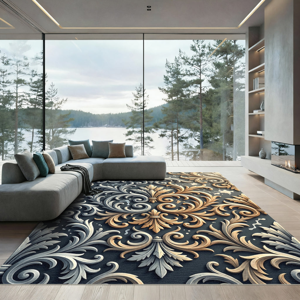 Elegant Silver and Gold Ornate Scroll Rug