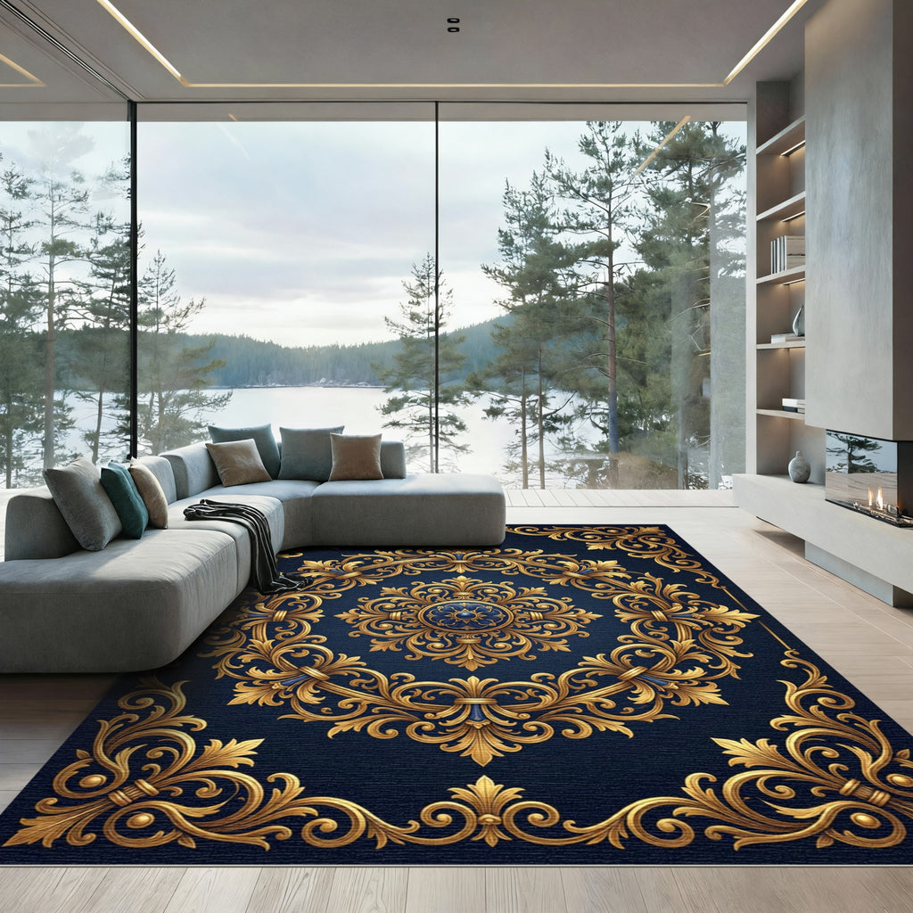 Ornate Gold Filigree Royal Navy Medallion Rug