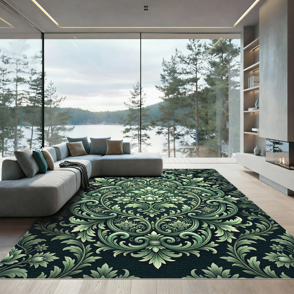Emerald Green Damask Scrollwork Floral Rug