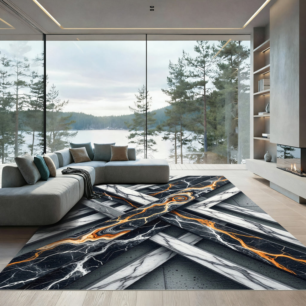 Abstract Marble Onyx Gold Geometric Lattice Rug