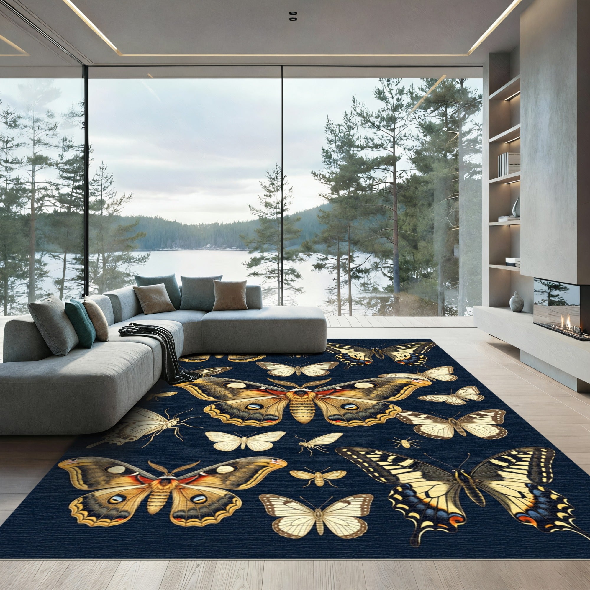 Whimsical Midnight Butterfly Entomology Illustration Rug