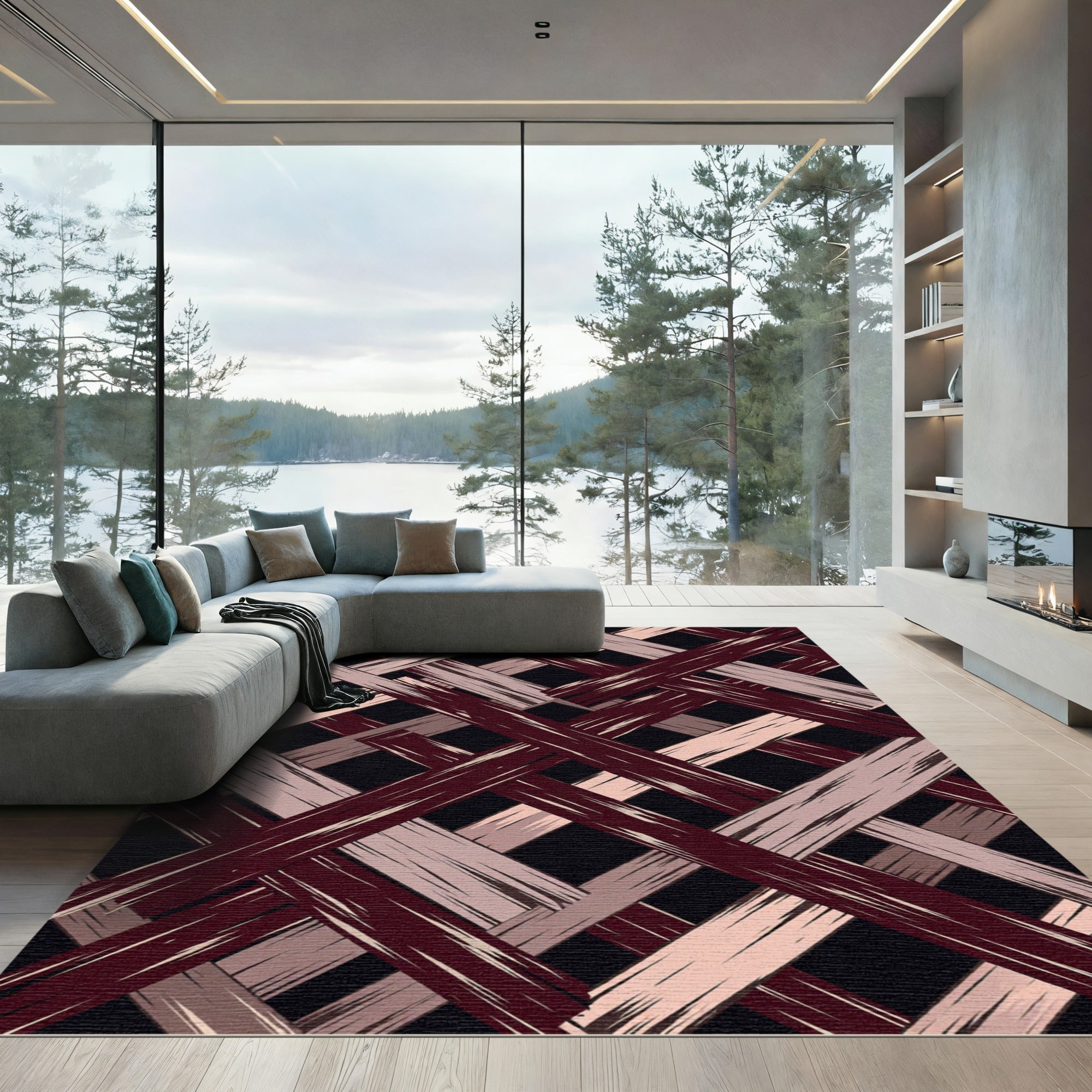 Geometric Intersecting Burgundy and Blush Plaid Rug