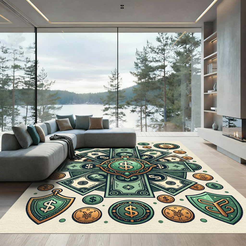 Emerald Golden Wealth Currency Emblem Medallion Rug