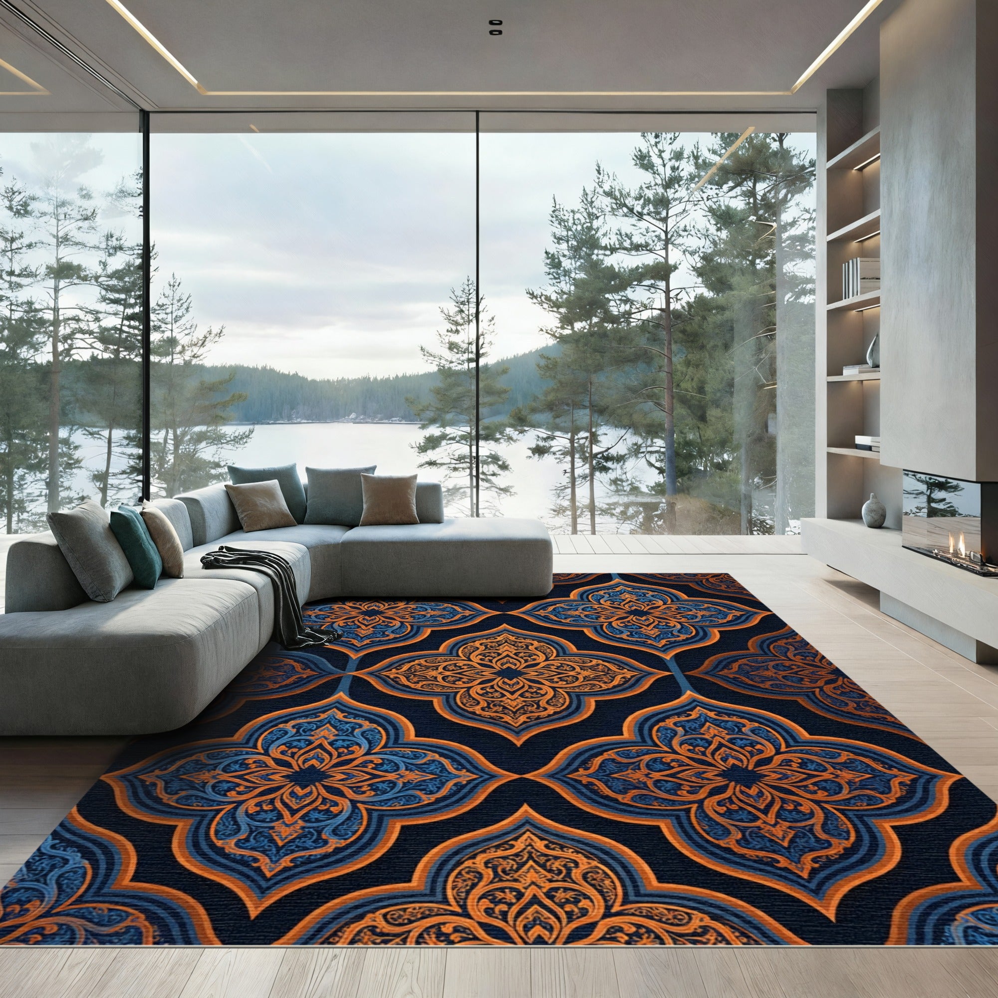 Ornate Blue and Gold Damask Medallion Rug