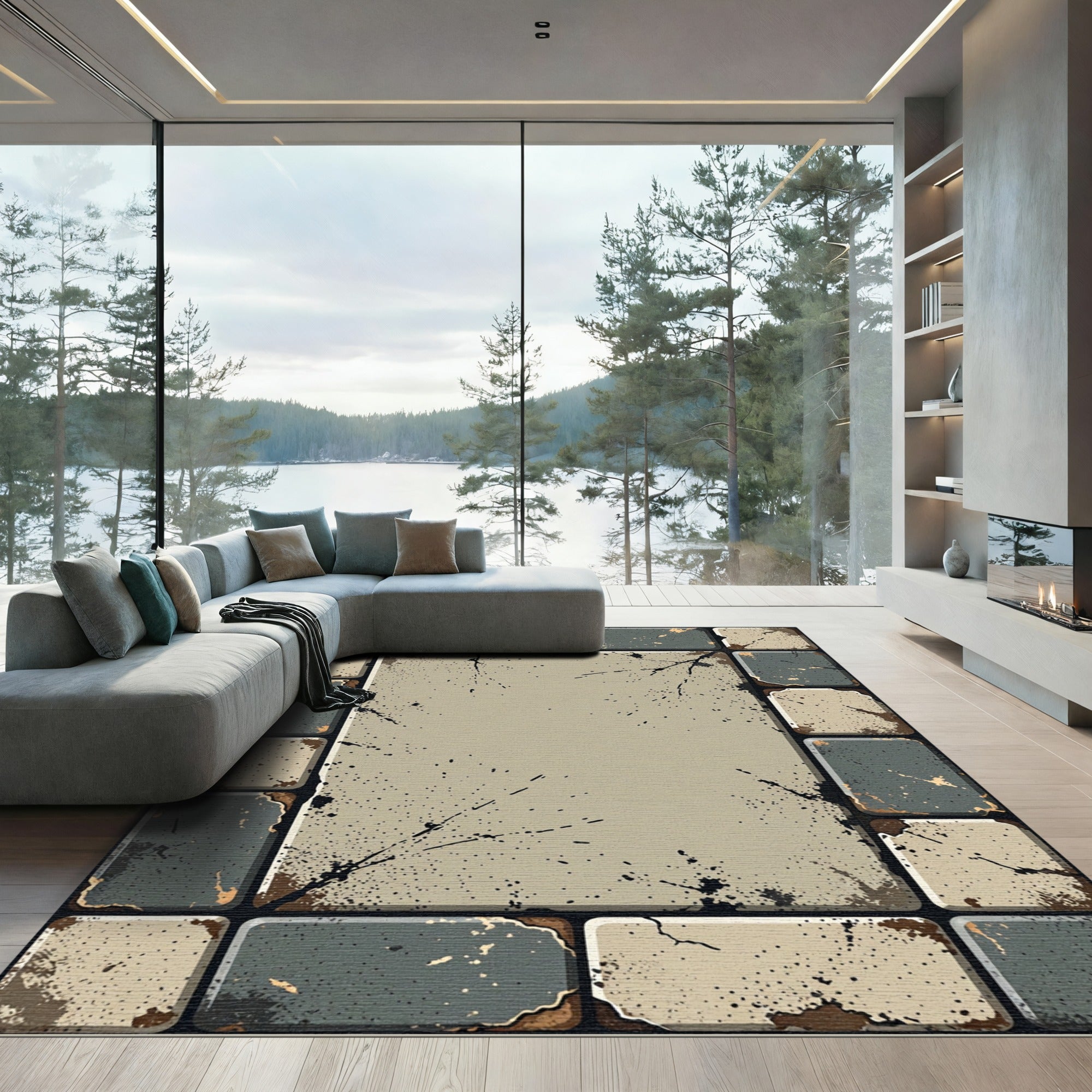 Distressed Grey Tan Concrete Tile Rug