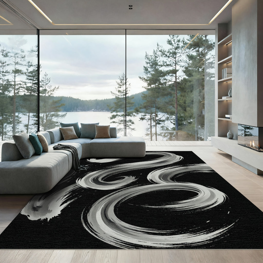 Monochromatic Brushstroke Swirls Rug