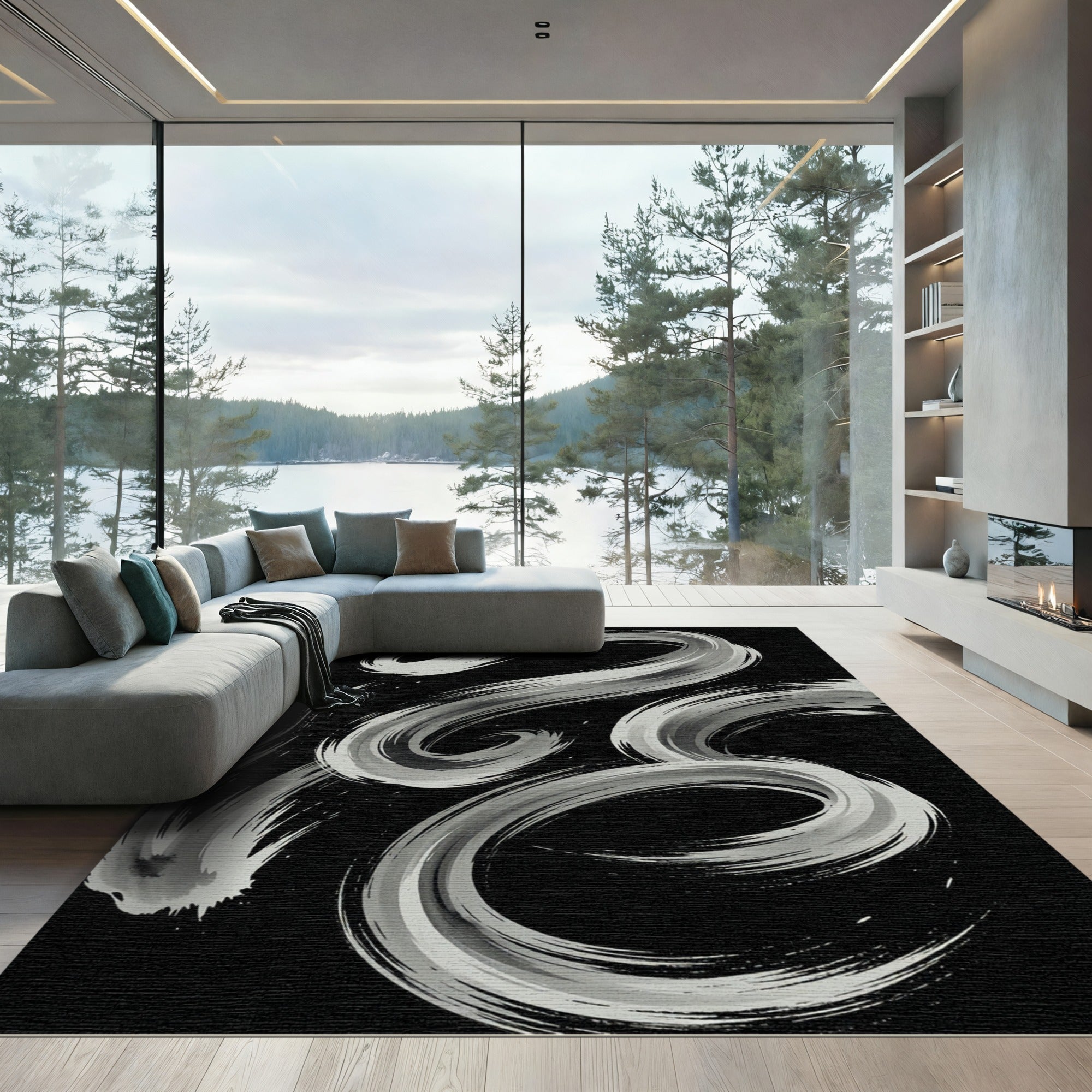 Monochromatic Brushstroke Swirls Rug