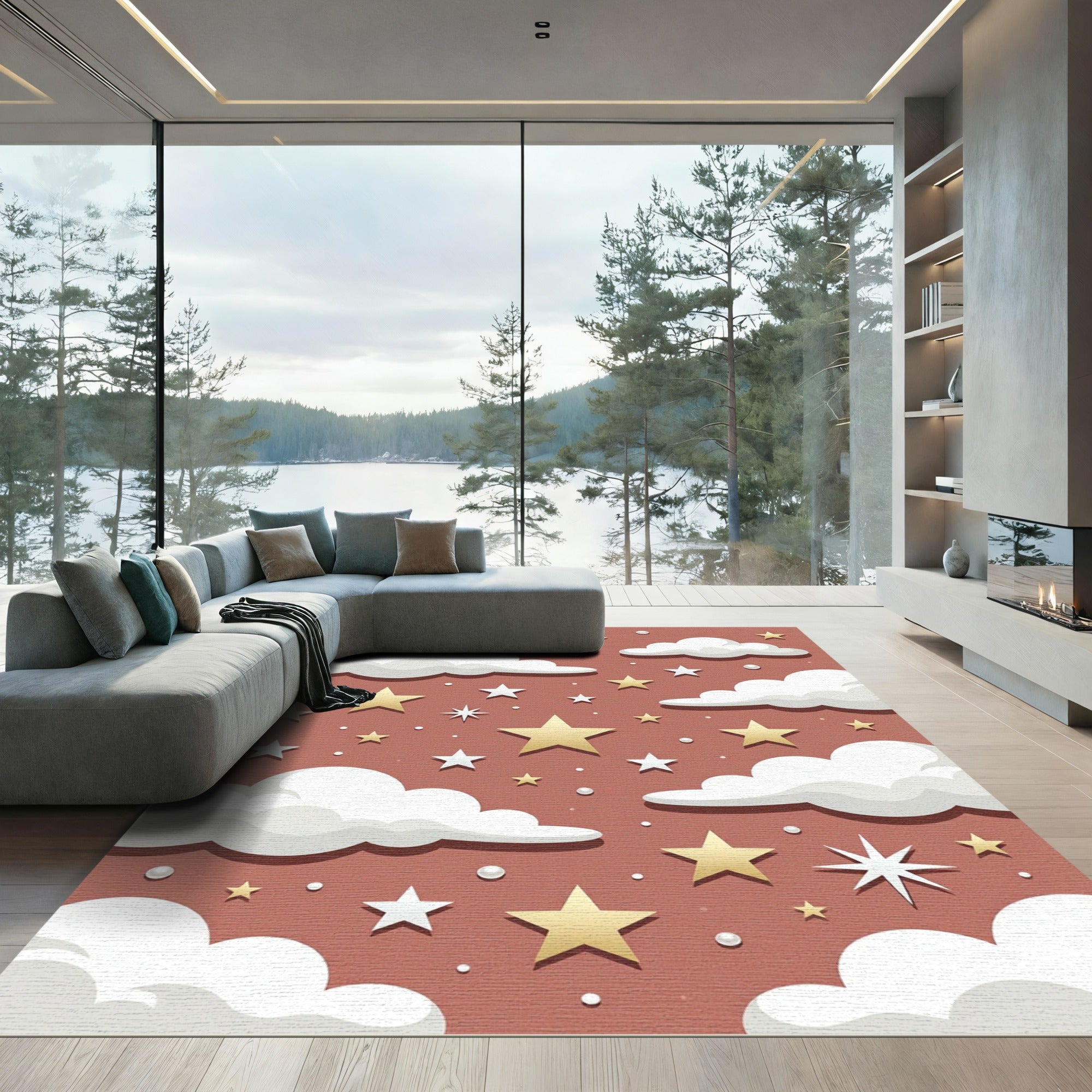 Whimsical Terra Cotta Starry Cloudy Sky Rug