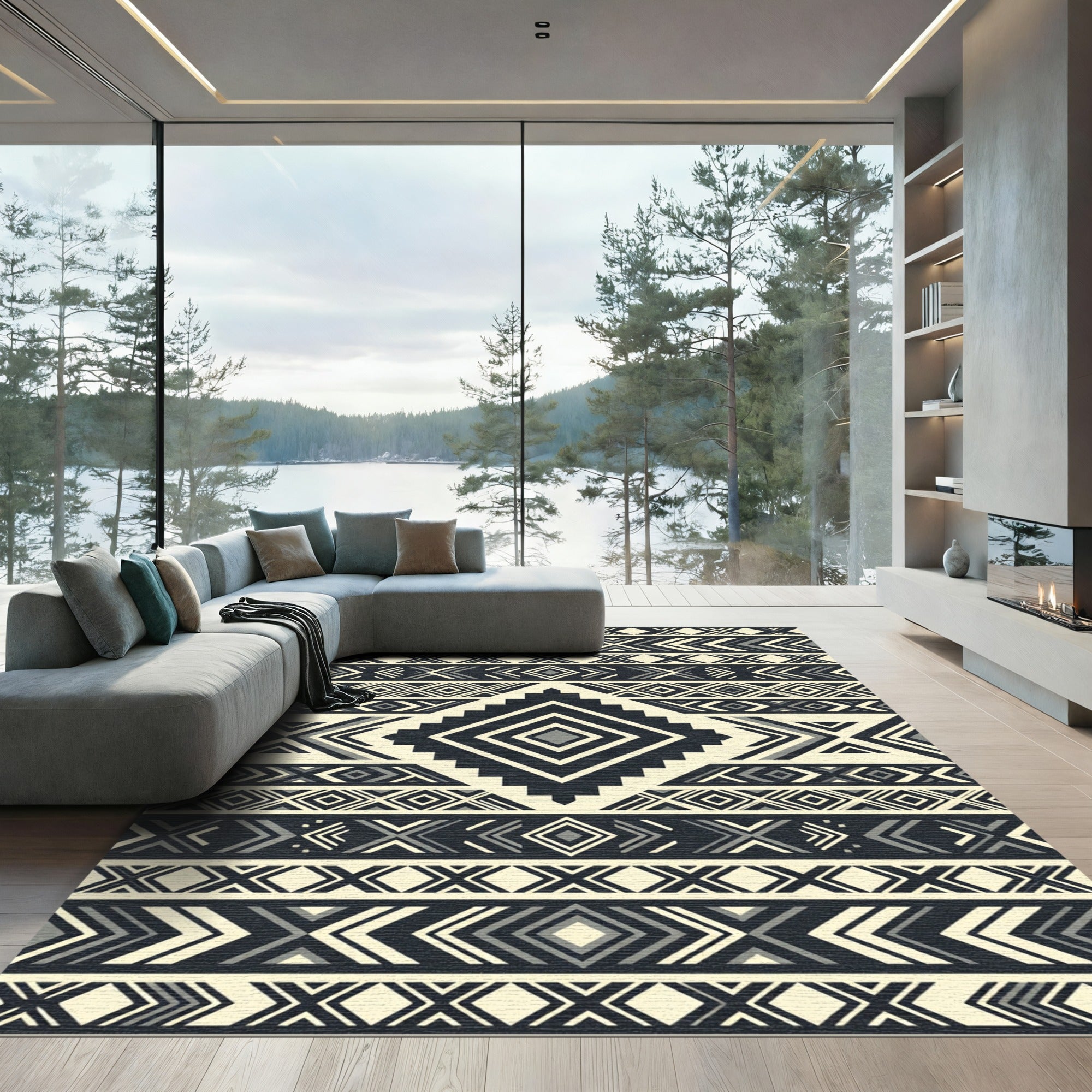 Monochromatic Tribal Chevron Diamond Rug