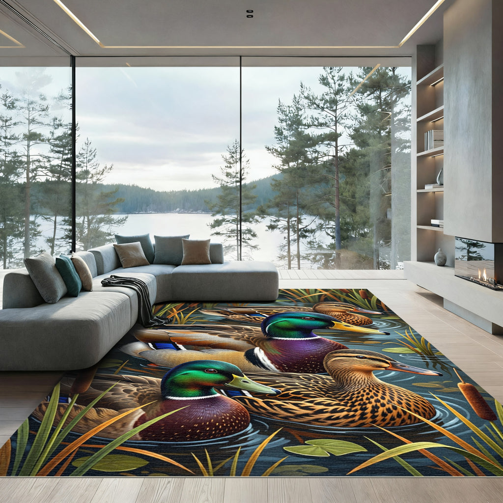 Vibrant Mallard Pond Wildlife Scene Rug