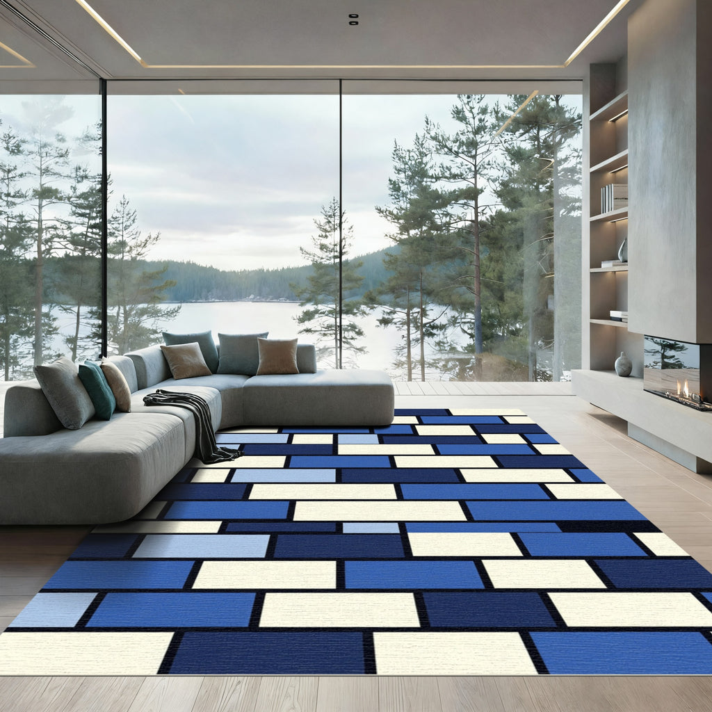 Modern Blue and Cream Geometric Grid Rug