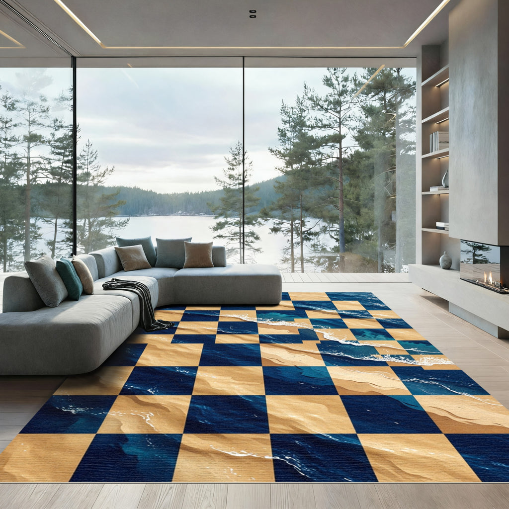 Coastal Checkerboard Ocean Wave Rug