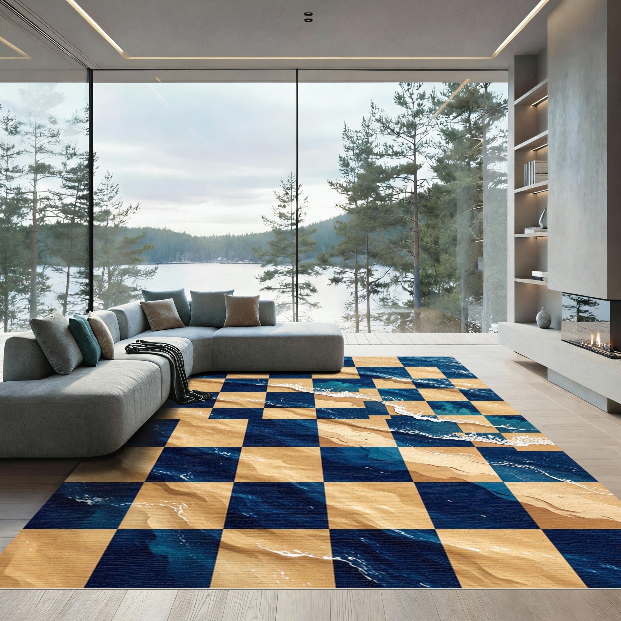 Coastal Checkerboard Ocean Wave Rug