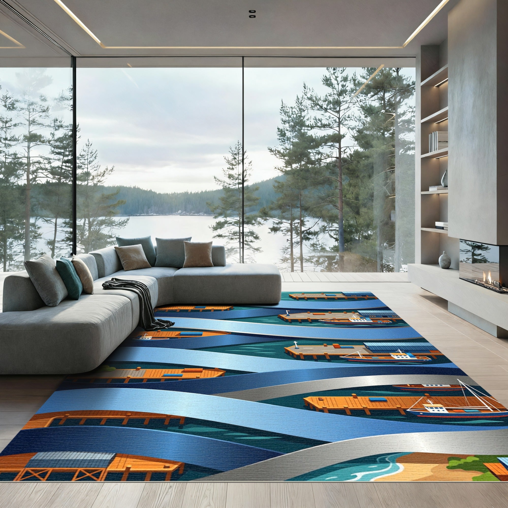 Isometric Blue Nautical Harbor Landscape Rug