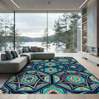 Intricate Teal and Orange Geometric Star Rug