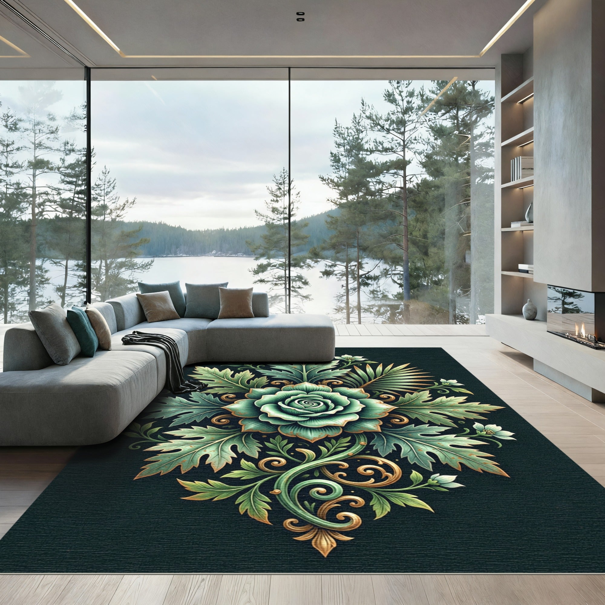 Elegant Emerald Rose Botanical Medallion Rug